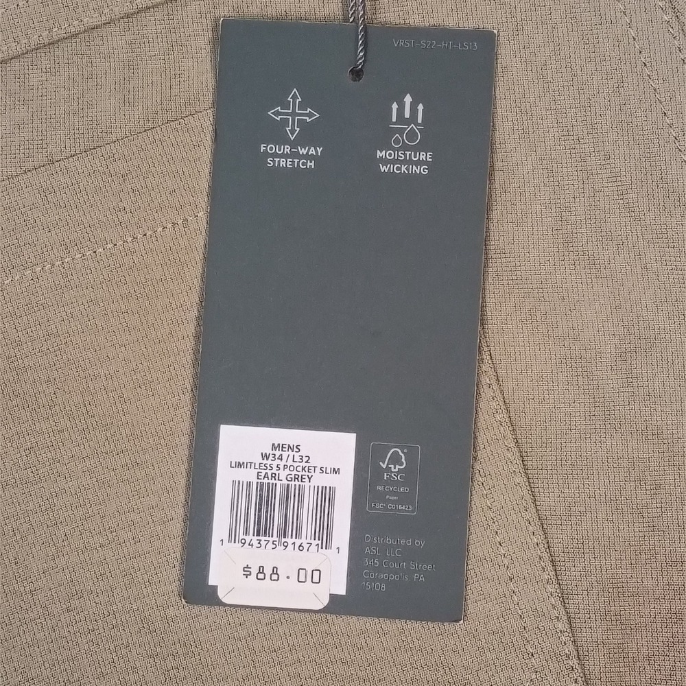 VRST Limitless 5 Pocket Slim Fit Pants Mens 34x32 Earl Grey Stretch Wicking NEW - Picture 6 of 16